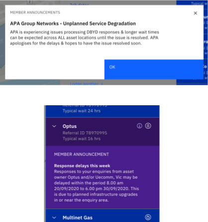Screenshots of member announcements